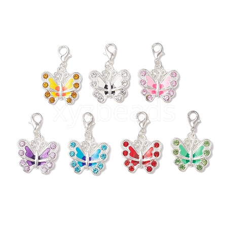 7Pcs 7 Colors Butterfly Alloy Rhinestone & Enamel Pendants Decorations HJEW-JM02863-1