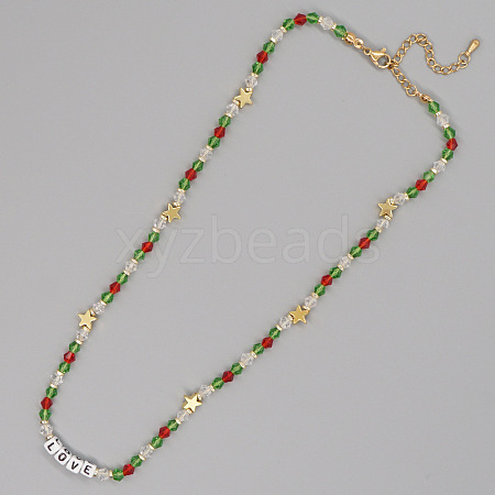 Christmas Theme Glass & Imitaiton Pearl & Brass LOVE Star Beaded Necklaces GF3195-7-1