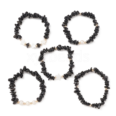 5Pcs 5 Style Natural Obsidian Chips Stretch Bracelets Set BJEW-JB09551-03-1