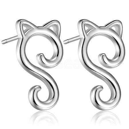 Rhodium Plated 925 Sterling Silver Cute Cat Stud Earrings for Women JE934A-1