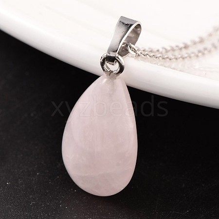 Teardrop Platinum Tone Brass Rose Quartz Pendants G-F267-02H-1