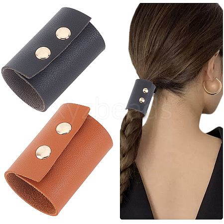 Olycraft 2Pcs 2 Colors PU Leather Foldable Ponytail Holder Hair Cuff OHAR-OC0001-05B-1