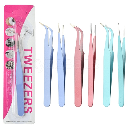 6Pcs 6 Colors Stainless Steel Tweezers DIY-YW0009-73-1