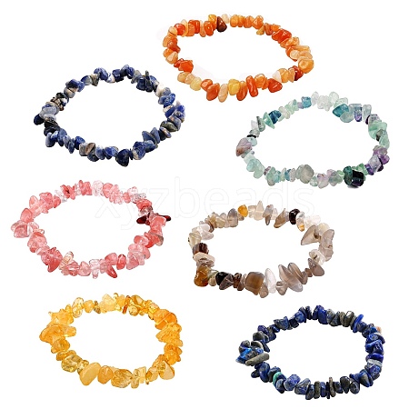 7Pcs 7 Styles Chip Natural & Synthetic Gemstone Beaded Stretch Bracelets Sets BJEW-SZ0001-39-1