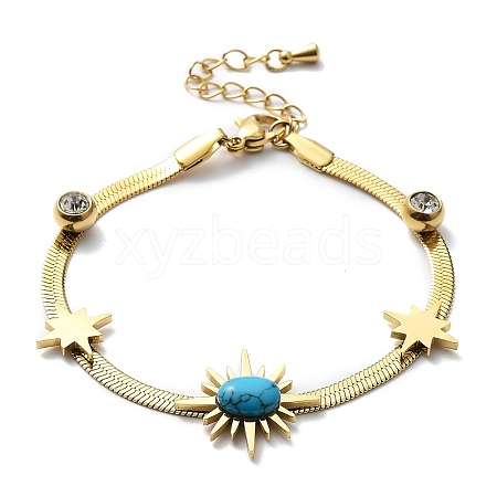Synthetic Turquoise Star & Rhinestone Round Link Bracelet with Herringbone Chains NJEW-C012-03G-1
