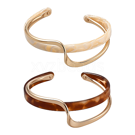 2Pcs 2 Colors Brass Resin Cuff Bracelets for Women BJEW-GO0002-12-1