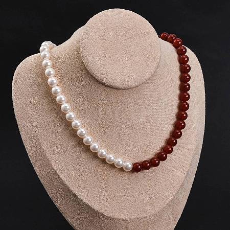 Natural Carnelian(Dyed & Heated) & Shell Pearl Round Beaded Necklaces NJEW-U026-23G-1