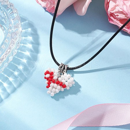 Glass Sead Beaded 3D Red Ribbon Heart Pendant Necklaces NJEW-MZ00089-1