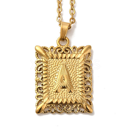 201 Stainless Steel Cable Chain Rectangle with Letter Pendant Necklaces NJEW-M070-01G-A-1