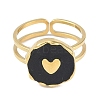 Ion Plating(IP) 304 Stainless Steel Enamel Flat Round with Heart Cuff Finger Rings RJEW-L107-073G-02-2