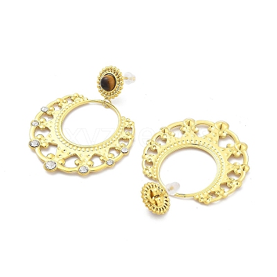 304 Stainless Steel Natural Tiger Eye Boho Stud Earrings EJEW-S244-01G-A-1