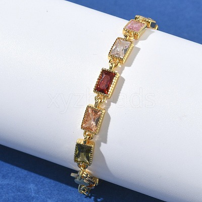 Rectangle Brass Pave Cubic Zirconia Link Chain Bracelets for Women BJEW-P385-05G-1