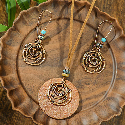Bohemian Style Alloy & Wood & Synthetic Turquoise Pendant Necklaces & Hoop Earrings Sets WG14320-04-1