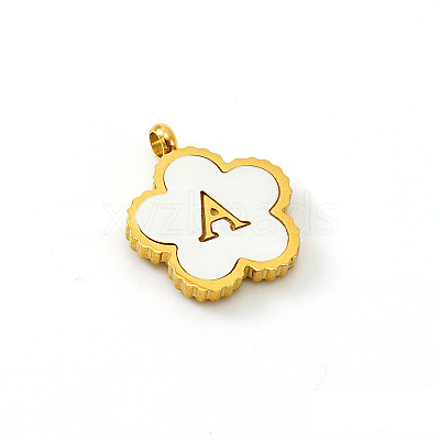 Golden Tone Stainless Steel Pave White Shell Letter Flower Charms PW-WGC5230-01-1