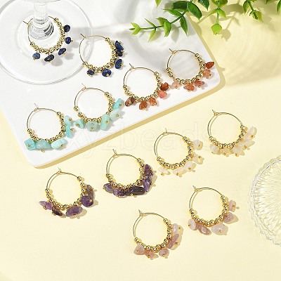 Natural Lapis Lazuli & Natural Amethyst & Natural South Red Agate & Natural White Moonstone & Natural Madagascar Rose Quartz & Natural Amazonite Chip & Brass Bead Hoop Earrings EJEW-JE07441-1