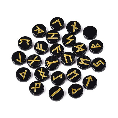 Brass Elder Futhark Alphabet Engraved Symbol Flat Round Natural Obsidian Rune Stones G-I373-01H-1