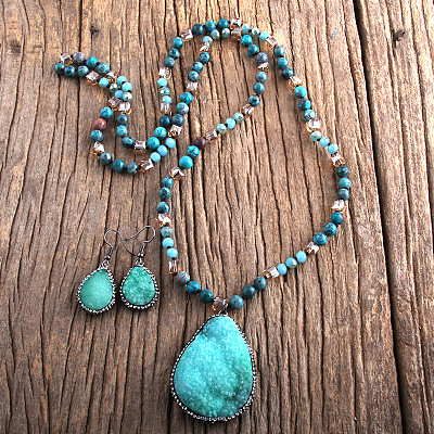 Teardrop Bohemian Style Glass with Natural Apatite Pendant Necklace & Dangle Earrings Sets FS-WG0DE9F-01-1