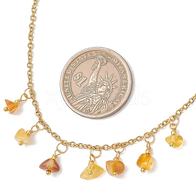 Natural Amber Chip Pendant Bib Necklaces with 304 Stainless Steel Cable Chains NJEW-JN05942-1