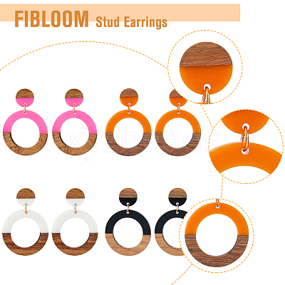 3 Pairs 3 Colors Resin & Wooden Donut Dangle Stud Earrings with 316 Surgical Stainless Steel Pins EJEW-FI0002-47-1