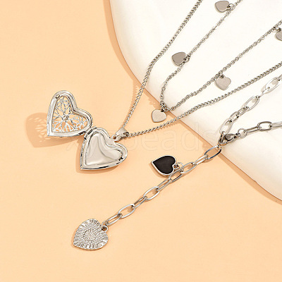 2Pcs Heart Brass Black Enamel Pendant 3 Layer Necklaces for Women FS-WGFF7B3-01-1