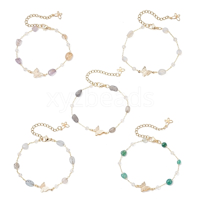 5Pcs 5 Styles Handmade Glass & Opalite & Natural Morganite & Dyed Green Agate & Labradorite & Amethyst Nuggets Beads Necklaces BJEW-JB12461-1