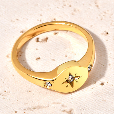 Flat Round with Star Pattern 304 Stainless Steel Micro Pave Clear Cubic Zirconia Finger Rings FS-WG7CEF6-03-1