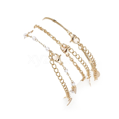 Round ABS Imitation Pearl Beaded Chains & 304 Stainless Steel Cable Chains Stackable Bracelets for Women BJEW-JB12452-03-1