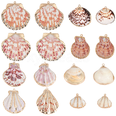 32Pcs 8 Styles Electroplated Natural Mixed Shell Pendants SSHEL-SC0001-62D-1