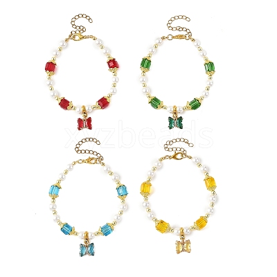 Brass Glass Butterfly Charm Bracelets BJEW-JB14180-1