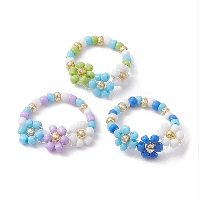 3Pcs 3 Color Glass Seed Beaded Stretch Rings Sets. Flower Stackable Rings RJEW-JR00617-1