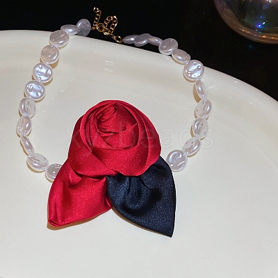 Rose Cloth Plastic Pearl Beaded Choker Necklaces FS-WGC088F-01-1