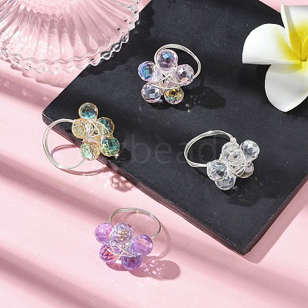 4Pcs 4 Colors Glass Flower Finger Rings RJEW-JR00825-01-1