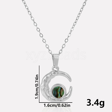 304 Stainless Steel Pave Natural Paua Shell Crescent Moon Pendant Necklaces ZQ6791-1-1