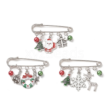 3Pcs 3 Style Christmas Tree & Wreath & Santa Claus & Alloy Enamel Charms Safety Pin Brooch JEWB-TA00011-1