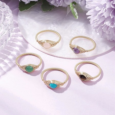 Horse Eye Natural Green Aventurine & Tiger Eye & Amethyst & Rose Quartz & Synthetic Turquoise Finger Rings RJEW-JR00842-01-1