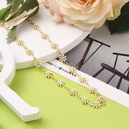 Brass Enamel Daisy Link Chain Necklaces NJEW-JN03173-1