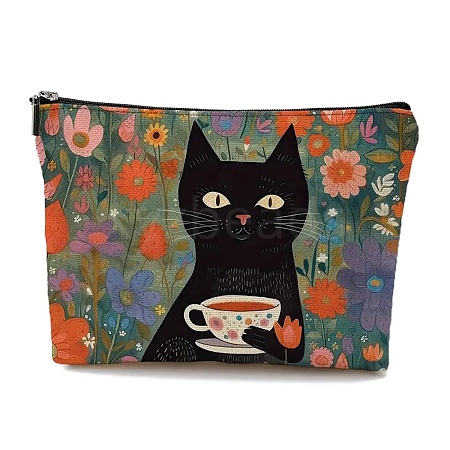 Cat with Cup Print Cotton Cosmetic Zipper Pouches PW-WG9D93E-01-1