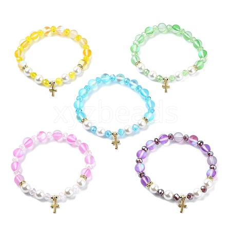 8mm Holographic Synthetic Moonstone & Shell Pearl Round Beaded Stretch Bracelets BJEW-JB10920-1