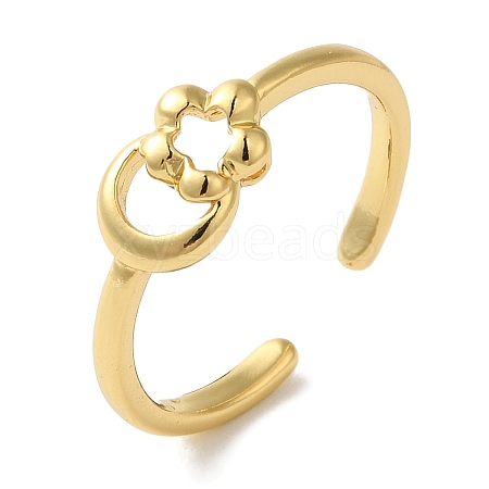 Moon & Flower Rack Plating Brass Open Cuff Finger Rings for Women RJEW-L123-011G-1