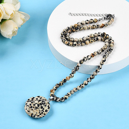 Natural Dalmatian Jasper 4.5mm Round Beaded Flower Pendant Necklaces NJEW-T016-04H-1