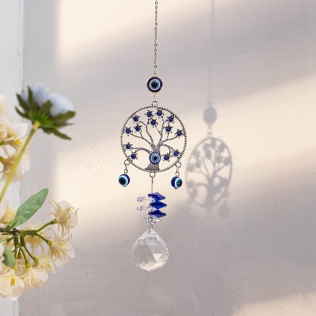 Metal Flat Round with Tree of Life & Evil Eye Hanging Ornaments PW-WG93101-01-1