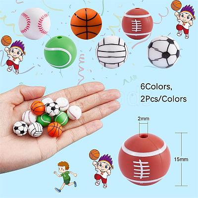 12Pcs 6 Style Basketball/Soccer/Tennis/Baseball/Rugby/Volleyball Silicone Beads JX308A-01-1