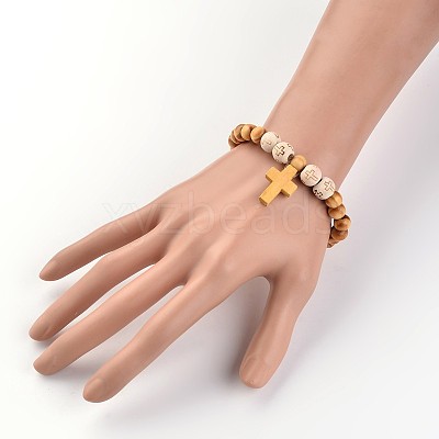 Cross Wood Beaded Stretch Charm Bracelets BJEW-JB02220-1