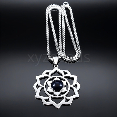 Chakra Lotus Flower 201 Stainless Steel Pave Synthetic Blue Goldstone Pendant Necklaces for Women NJEW-K283-26P-1