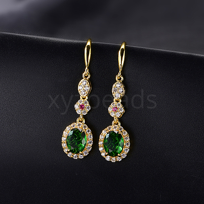 Brass Micro Pave Cubic Zirconia Oval Dangle Earrings for Women RE8265-1-1