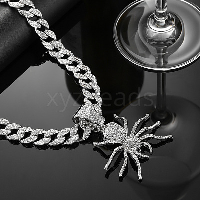 Alloy Full Crystal Rhinestone Halloween Spider Pendant Cuban Link Chain Necklaces for Men FS-WG4B1F3-02-1