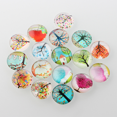 Tree of Life Printed Half Round/Dome Glass Cabochons X-GGLA-A002-30mm-GG-1