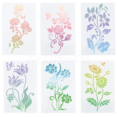 6Pcs 6 Styles Flower Theme PET Plastic Hollow Out Drawing Painting Stencils Templates DIY-WH20009-46-1