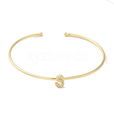 Rack Plating Brass Micro Pave Clear Cubic Zirconia Letter Open Cuff Bangles BJEW-A018-01G-S-1