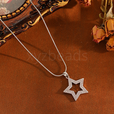 Brass Micro Pave Clear Cubic Zirconia Star Pendant 304 Stainless Steel Round Snake Chain Necklaces for Women WGB07B9-02-1